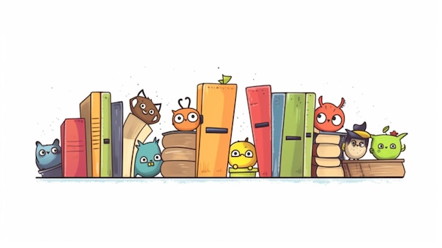 cartoon book shelf with a row of books with different colored books generative ai