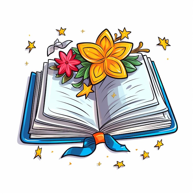 Photo cartoon book with a flower on top of it and stars around it generative ai