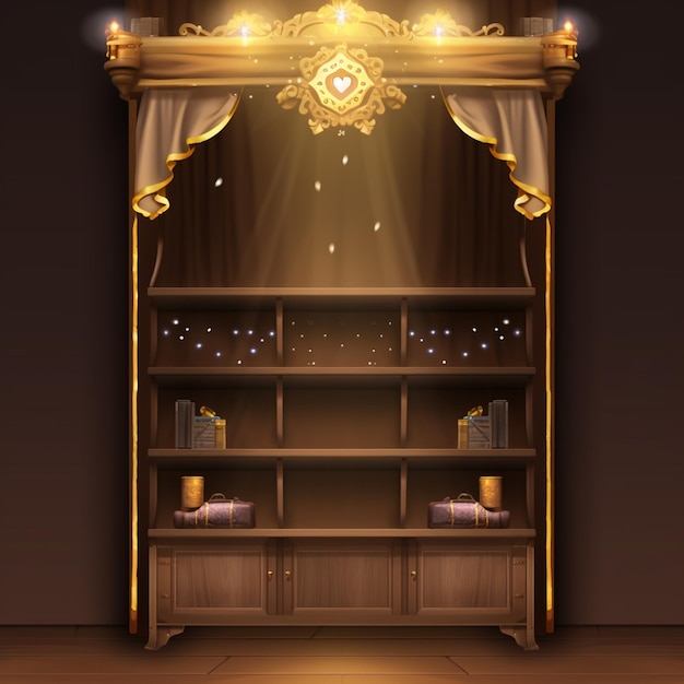 A cartoon bookcase with a golden light shining from the top generative ai