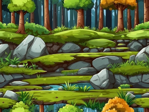 Cartoon Bos achtergrond Natuurlandschap met bladverliezende bomen