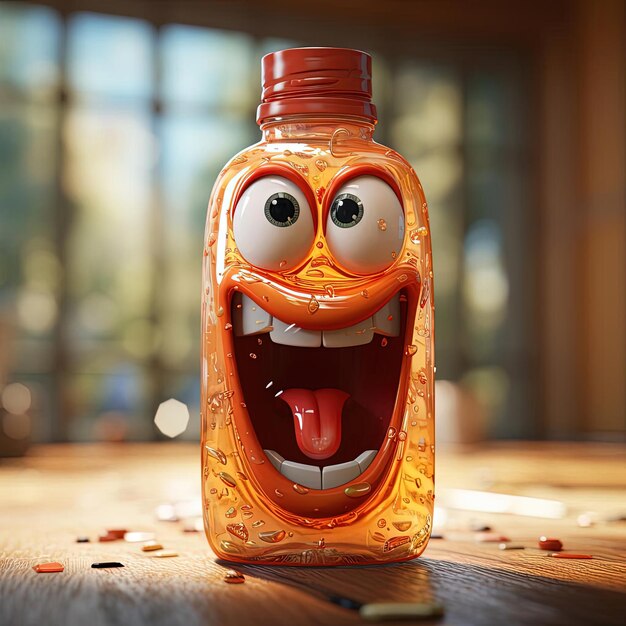 a cartoon bottle with a face and tongue in the style of vray