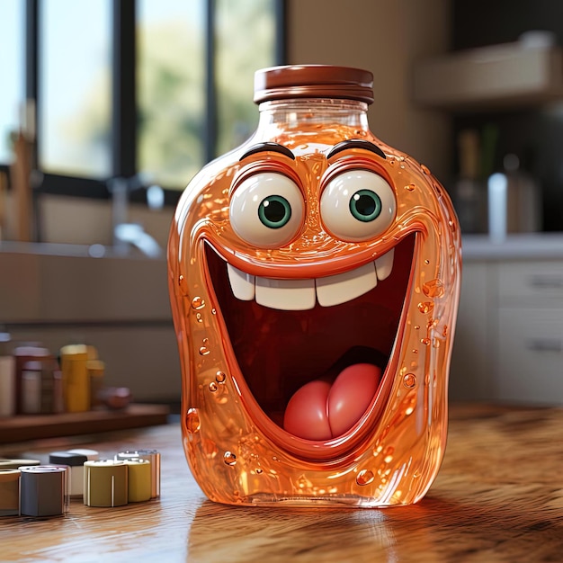 a cartoon bottle with a face and tongue in the style of vray