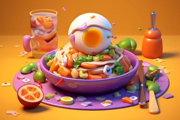 A cartoon of a bowl of food with a large egg on it.