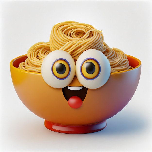 Photo a cartoon of a bowl of noodles with a face and eyes on it ai generated