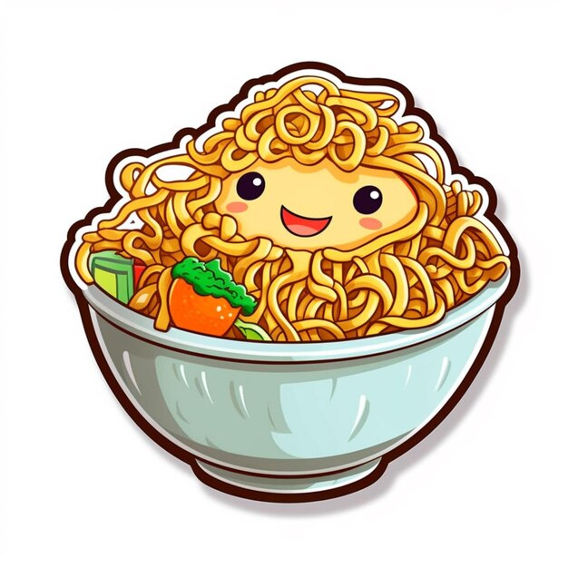 A cartoon of a bowl of noodles with a smiley face.