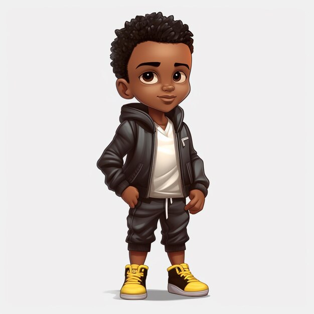 Photo cartoon boy in a black jacket and yellow shoes generative ai