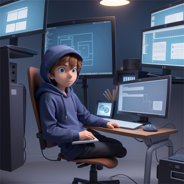 a cartoon of a boy in a blue hoodie sitting in front of a computer.