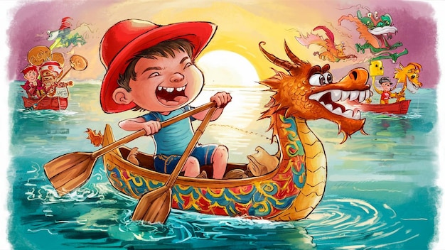 a cartoon of a boy in a boat with a dragon and a dragon
