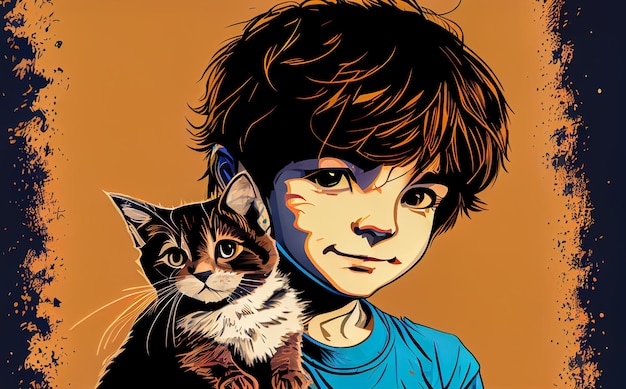 Cartoon boy and cat Generative AI