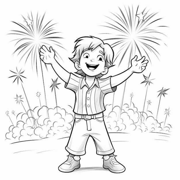 A cartoon boy celebrating with fireworks in the background