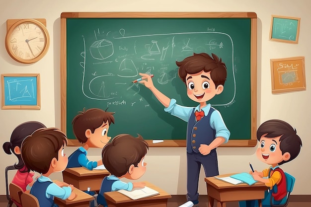 A cartoon boy at the chalkboard teaching class