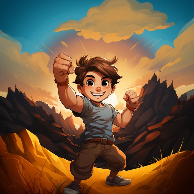 Cartoon boy in a desert with a mountain background generative ai