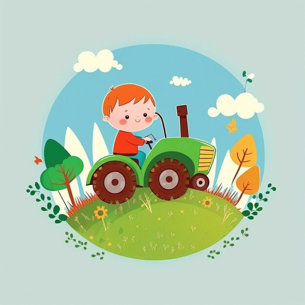 Foto un ragazzo dei cartoni animati che guida un trattore in un campo con alberi e erba generativa ai