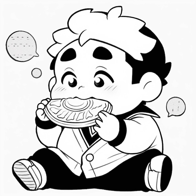 Cartoon boy eating a pizza while sitting on the floor generative ai