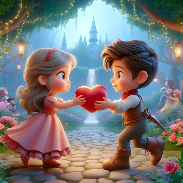 cartoon boy and a girl are holding a heartshaped object