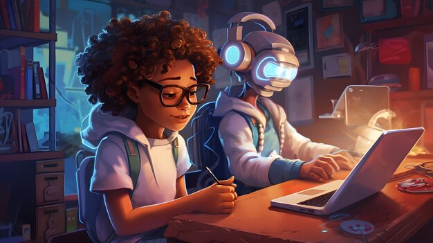 cartoon of a boy and a girl sitting at a desk Generative AI