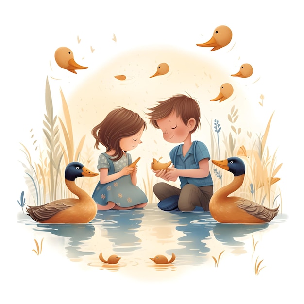 Мультфильм о мальчике и девочке, сидящих в пруду с плавающими вокруг утками.