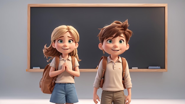 Photo cartoon boy and girl standing in front of blackboard isolated on a white background