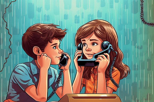 Карикатура о мальчике и девочке, разговаривающих по телефону.