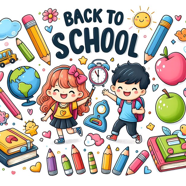 Photo a cartoon of a boy and girl with a school clock and the words back to school