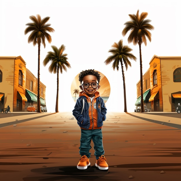 cartoon boy in glasses and jacket standing in front of a street with palm trees generative ai