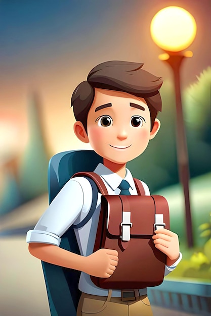 만화 소년은 어깨에 가방을 메고 학교에 간다