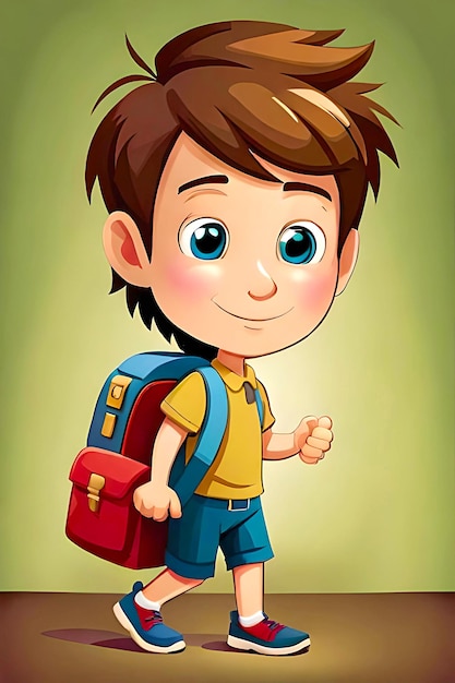 Cartoon boy goes to school wearing a bag on his shoulder