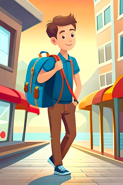 Cartoon boy goes to school wearing a bag on his shoulder