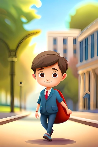 Cartoon boy goes to school wearing a bag on his shoulder