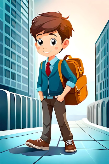 Photo cartoon boy goes to school wearing a bag on his shoulder