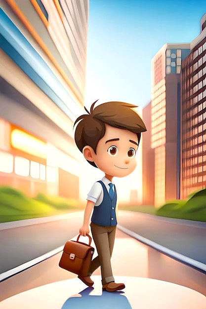 Cartoon boy goes to school wearing a bag on his shoulder