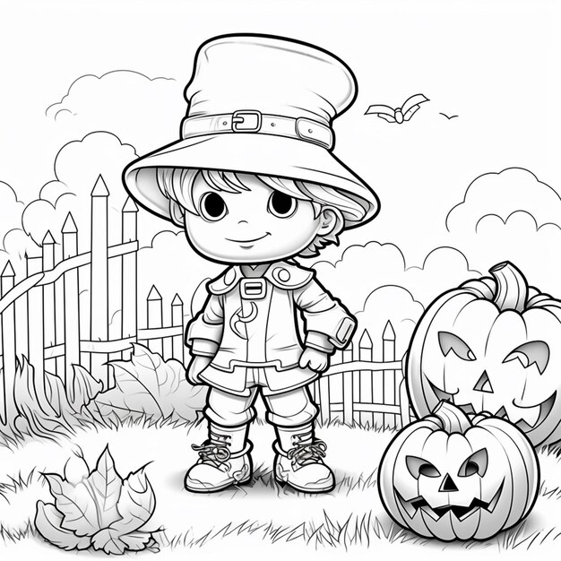 A cartoon boy in a hat and boots standing next to a pumpkin generative ai