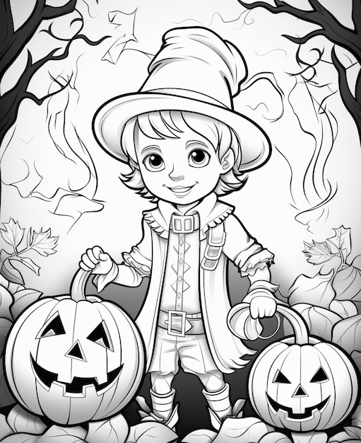 a cartoon boy in a hat and coat holding a jack o lantern generative ai