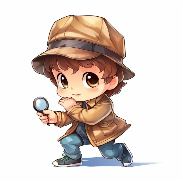 cartoon boy in a hat and coat looking through a magnifying glass generative ai