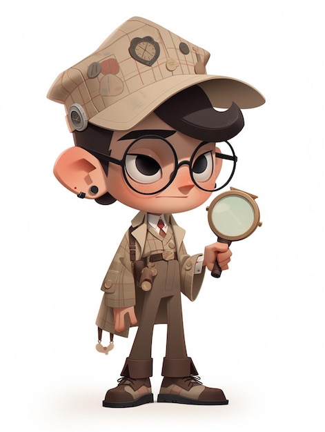 Photo cartoon boy in a hat and glasses holding a magnifying glass generative ai