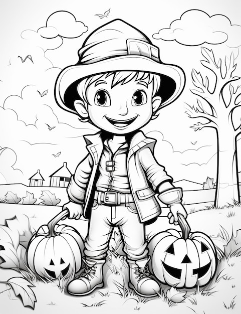 Photo a cartoon boy in a hat and jacket holding a pumpkin generative ai