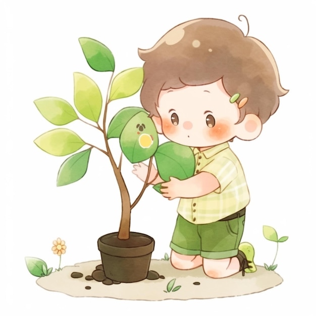 写真 緑の葉を生み出す緑の植物を抱えている漫画の男の子