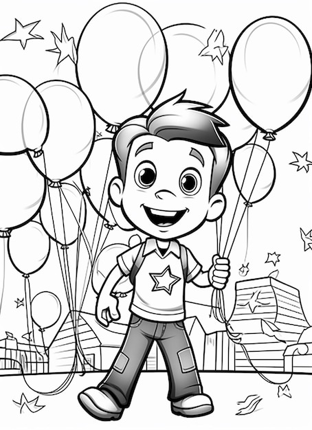 a cartoon boy holding balloons and a backpack in his hand generative ai