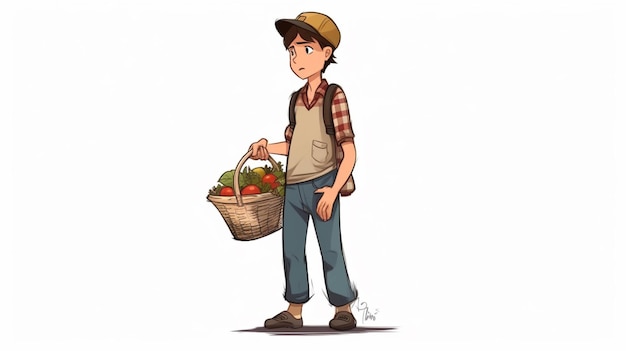 Photo a cartoon of a boy holding a basket of vegetables