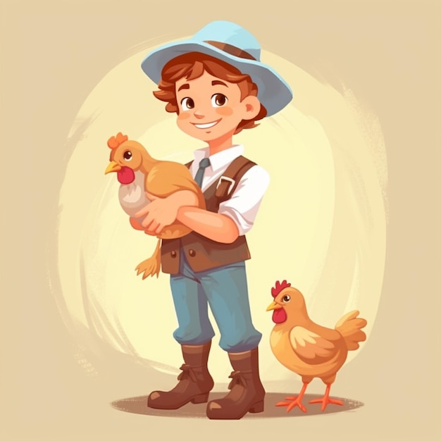 Мультяшный мальчик держит в руках курицу и цыпленка, генеративный искусственный интеллект