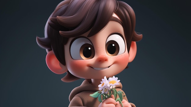 Cartoon boy holding a flower in his hand generative ai