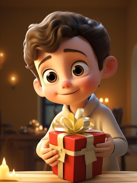 a cartoon of a boy holding a gift with a candle in his hand.
