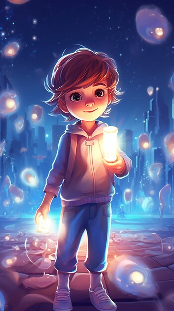 a cartoon boy holding a lantern in a city at night generative ai