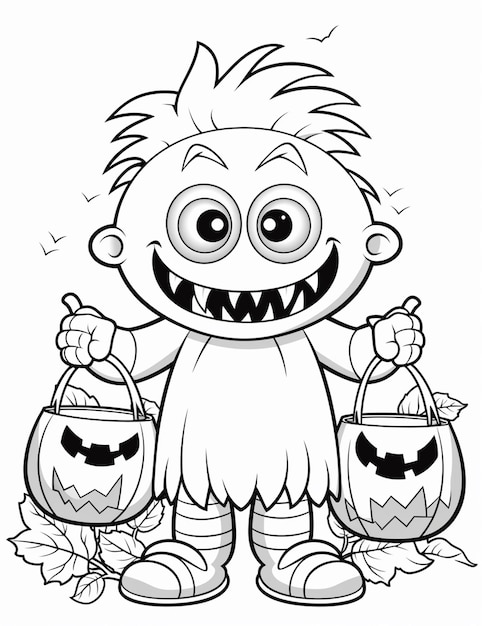 a cartoon boy holding two halloween pumpkins and a jack o lantern generative ai