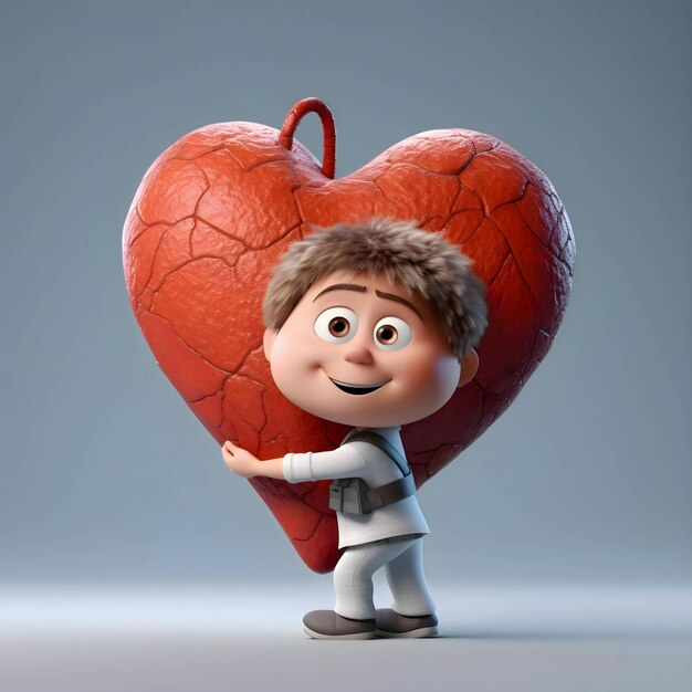 The cartoon boy holds a big red heart in his hands