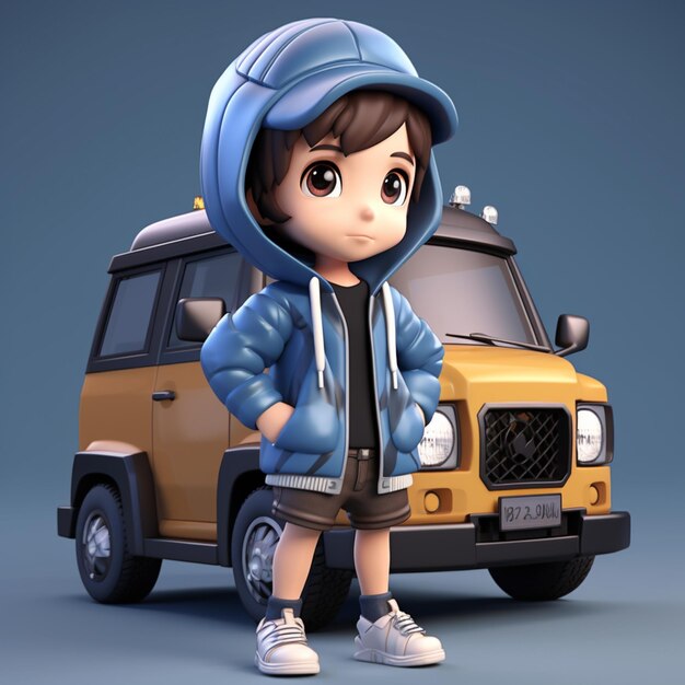 Cartoon boy in hoodie standing next to a car generative ai