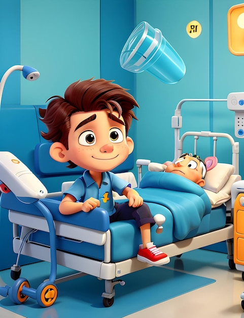 Cartoon boy in hospital bed