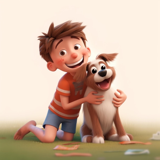 Cartoon boy hugging a dog in a field with confetti scattered around him generative ai