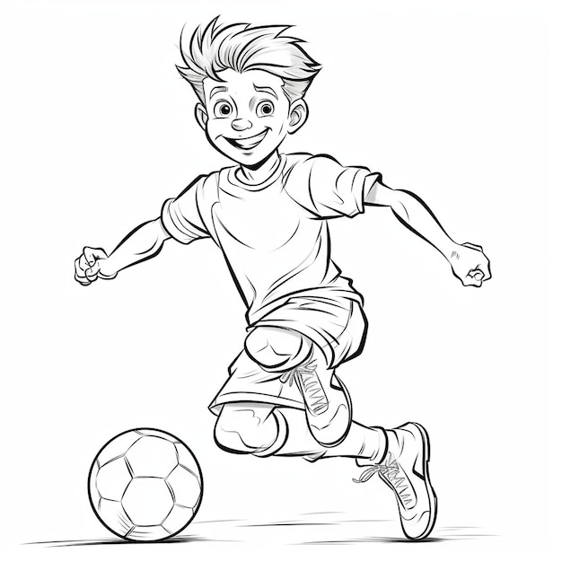 A cartoon boy is playing soccer with a ball