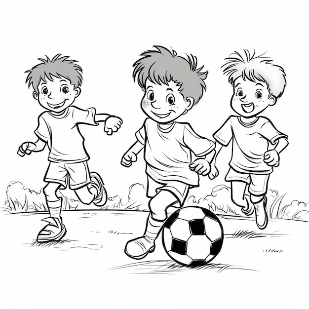 A cartoon boy is playing soccer with a ball